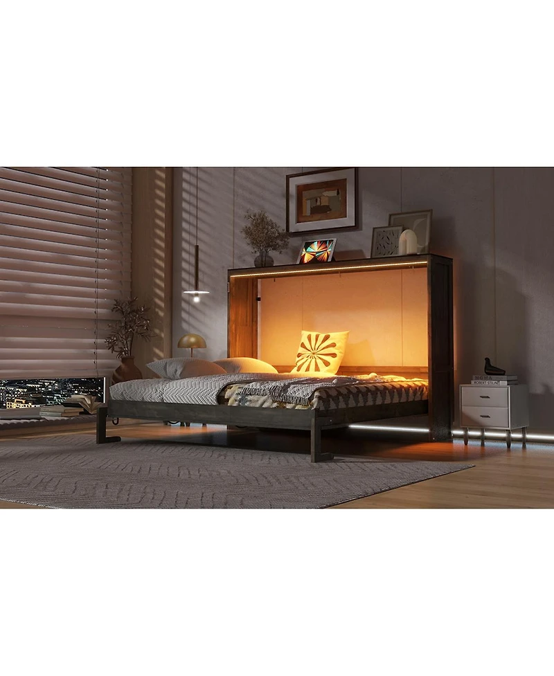 Streamdale Furniture Full Size Murphy Bed with Led Light, Foldable Cabinet