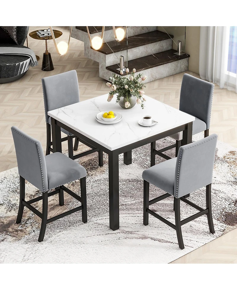 Streamdale Furniture 5-Piece Faux Marble Counter Height Dining Set with 4 Velvet Chairs