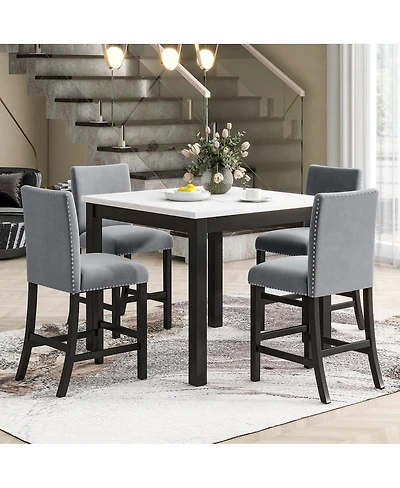 Streamdale Furniture 5-Piece Faux Marble Counter Height Dining Set with 4 Velvet Chairs