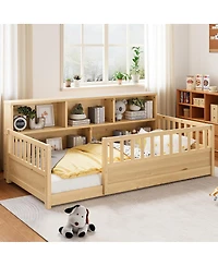 Streamdale Furniture Wood Floor Bed with Fence Guardrail & Side Storage