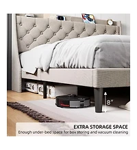 gaomon Size Bed Frame with Upholstered Wingback Headboard, Luxurious Linen Upholstery Platform Bed with Charging Station, Button Tufted Design