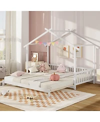Sugift Extendable House Bed Twin to King Daybed with Roof and Fence Rails