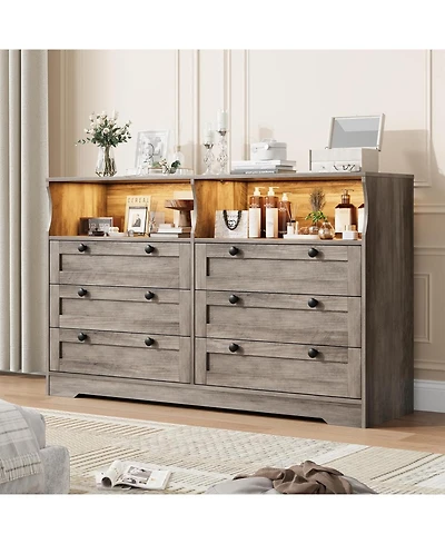 gaomon Wood Dressers for Bedroom with 6 Drawer, Wooden Dresser with Led Lights and Power Outlet, Modern Chest of Drawers for Living Room Entryway