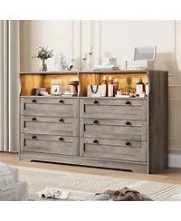 gaomon Wood Dressers for Bedroom with 6 Drawer, Wooden Dresser with Led Lights and Power Outlet, Modern Chest of Drawers for Living Room Entryway