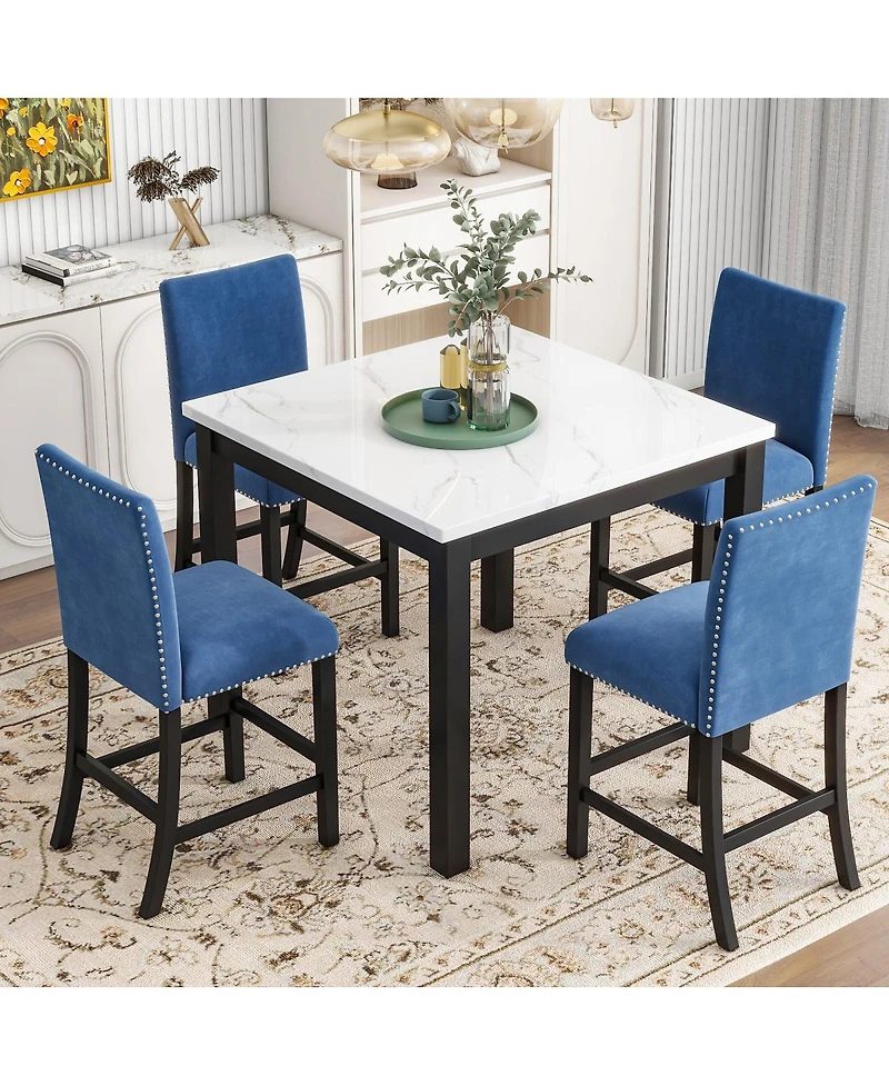 Streamdale Furniture 5-Piece Counter Height Dining Set with Faux Marble Table & Velvet Chairs