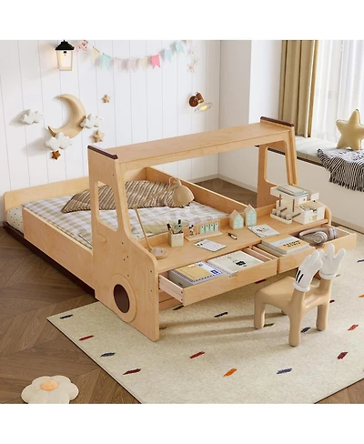 Streamdale Furniture Full Size Car-Shape Floor Bed with Storage, Window, and Desk