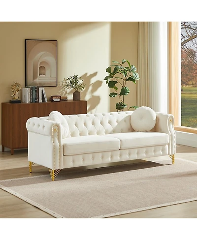 Streamdale Furniture Velvet Chesterfield Sofa with Pillows & Studs, Metal Legs.