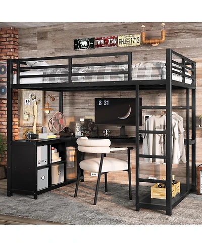 Streamdale Furniture Metal Loft Bed with Wardrobe, L-shaped Desk & Storage, Black