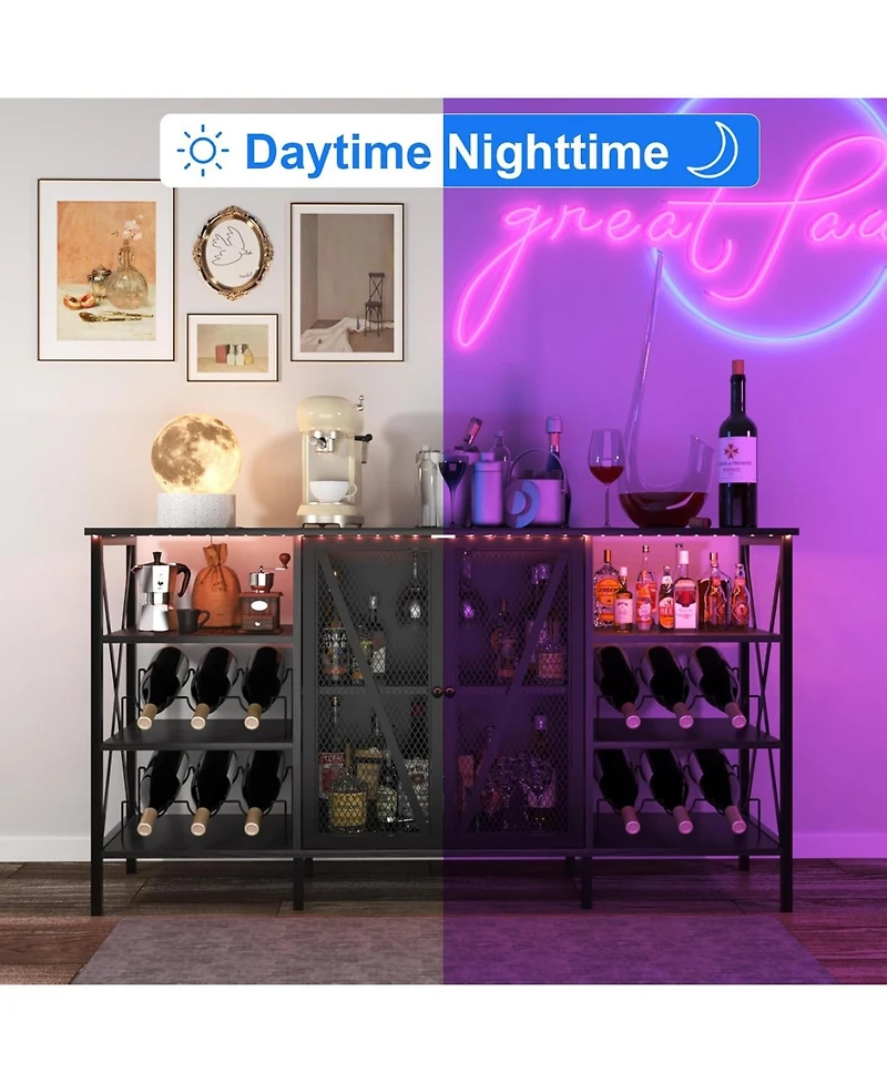 gaomon Farmhouse Wine Bar Cabinet with Wine Rack and Glass Holder Rustic Coffee Bar with Led Light Metal Sideboard and Liquor Table Cabinet
