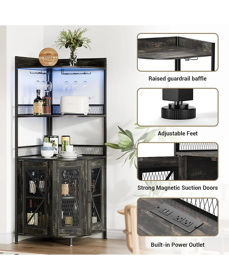gaomon 64 Inch Tall Corner Bar Cabinet with Led Strip 5-Tiers Industrial Bar Cabinet with Power Outlet and Glass Holder Wine Cabinet