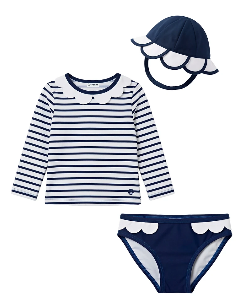 Sperry Baby Girls' Long-Sleeve Rashguard Top, Bottoms & Hat, 3-Piece Set