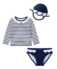 Sperry Baby Girls' Long-Sleeve Rashguard Top, Bottoms & Hat, 3-Piece Set