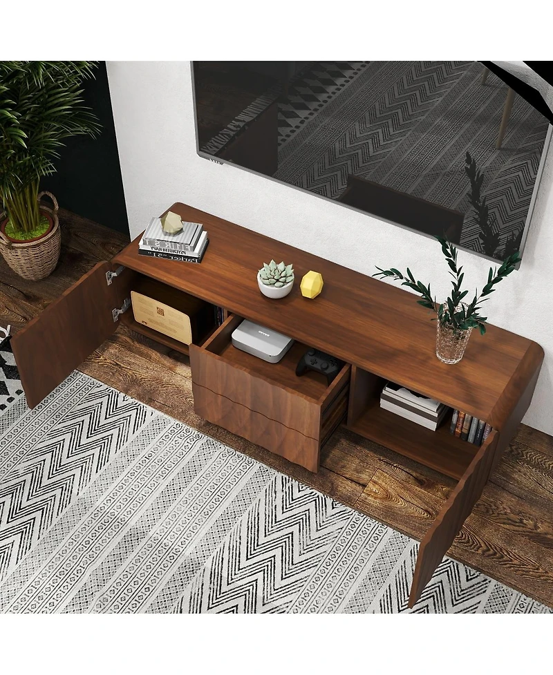 Streamdale Furniture 58" Mid Century Spiral Wave Design Tv Console with Storage Cabinet & 2 Drawers