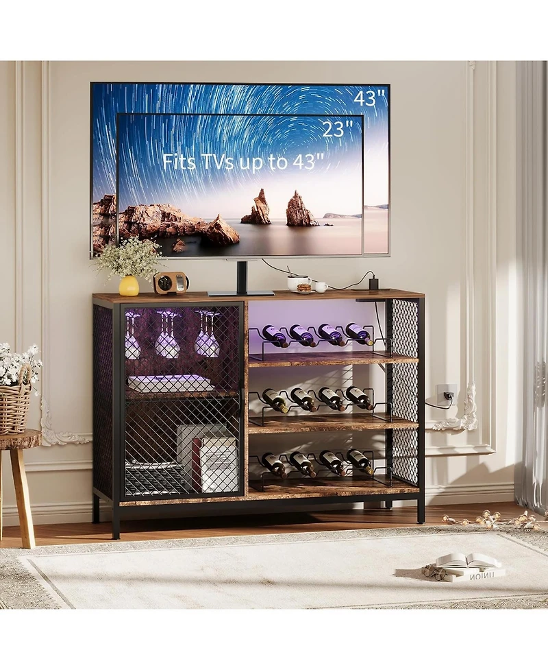 gaomon 42-Inch Industrial Coffee Bar Cabinet with Led Lights, Power Outlets, Wood Liquor Cabinet with Doors, Glass Holders & Storage