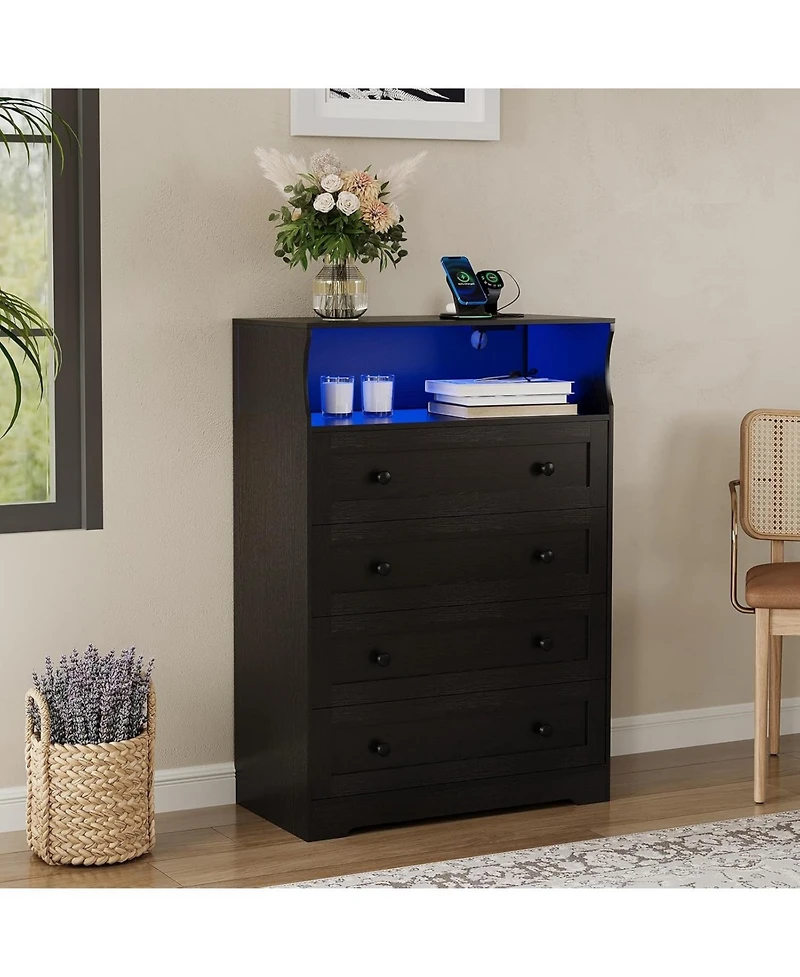gaomon 4 Drawer Wood Dressers for Bedroom with Led Lights and Charging Station, Modern Nightstand Bedside, Wooden Chest of Drawers