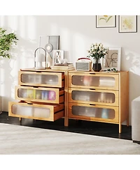 Sugift 3 Drawer Mid Century Modern Chest of Drawers with Reeded Tempered Glass Front