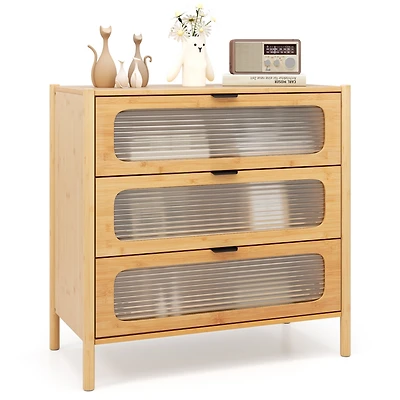 Sugift 3 Drawer Mid Century Modern Chest of Drawers with Reeded Tempered Glass Front