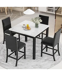 Streamdale Furniture 5-Piece Faux Marble Counter Height Dining Set with 4 Velvet Chairs.