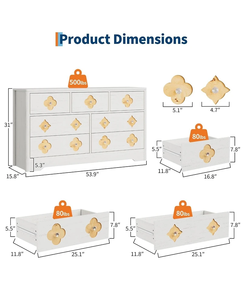 gaomon 7 Drawer Dresser for Bedroom, 54'' Wide Dresser, Chest of Drawers, Wooden Chest with Clothes Storage Cabinet, Decorative Drawer Front Organizer