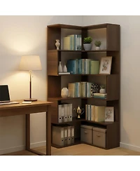 Streamdale Furniture 6 Tier L-Shaped Bookshelf, 66" Tall Walnut Open Display Shelf