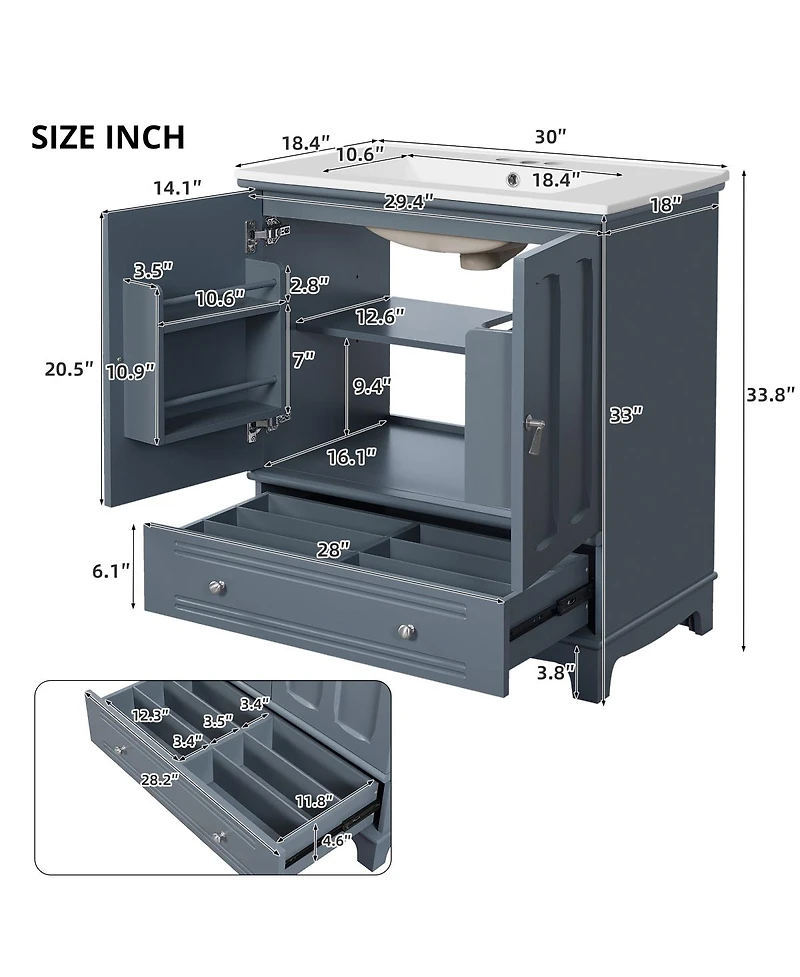 Sillysis 30" Bathroom Vanity with Integrated Sink, Solid Wood & Mdf Cabinet, Adjustable Shelf, Modern Storage