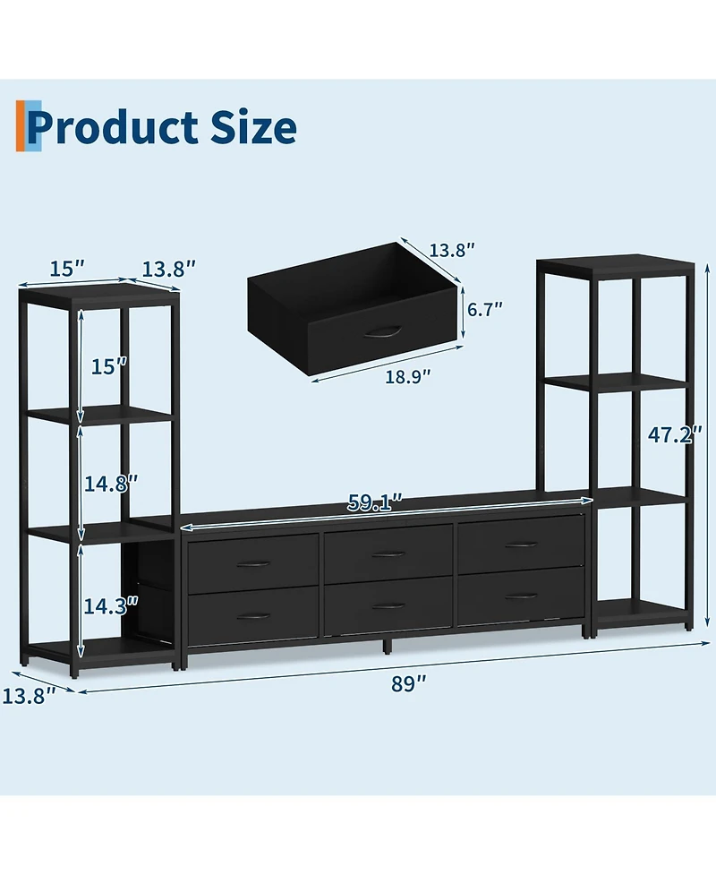Gaomon 88.9 Tv Stand for 75 Inch Tv, Entertainment Center with Fabric Drawers & 4-Tier Open Shelves, Modern Media Console