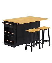 Streamdale Furniture 53" Kitchen Island w/ 2 Stools, Power Outlet, Storage, Cart on Wheels, Drop Leaf