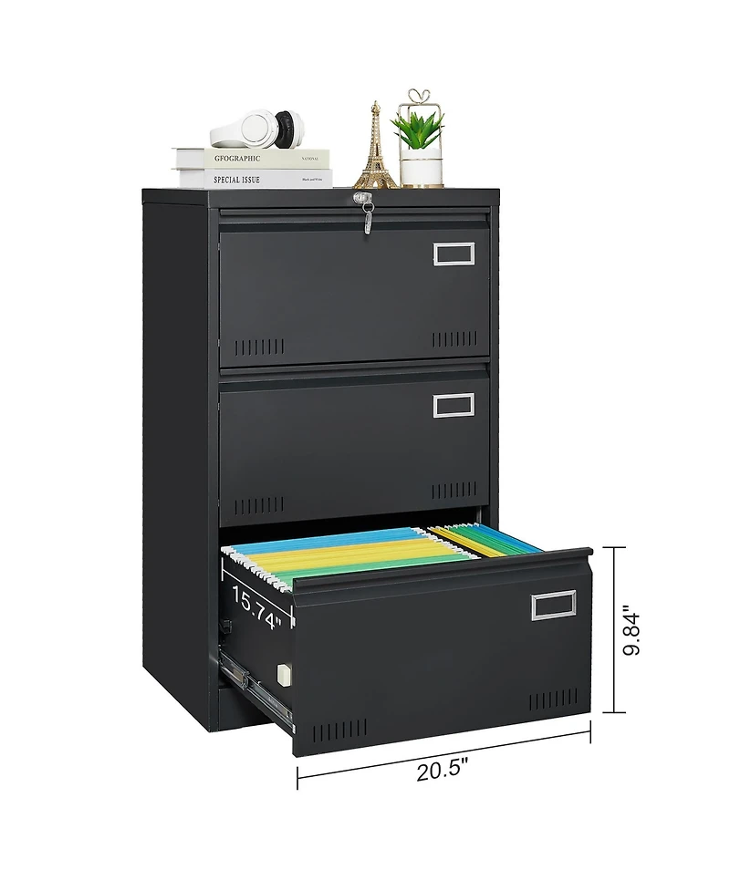 Rainsken 3 Drawer Lateral File Cabinet, Locking Metal File Cabinet