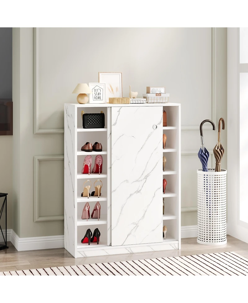 Rainsken 6 Tier Marble Texture Shoe Cabinet, Freestanding Shoe Organizer Holds 30+ Pairs Shoes with Sliding Door for Entryway