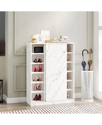 Rainsken 6 Tier Marble Texture Shoe Cabinet, Freestanding Shoe Organizer Holds 30+ Pairs Shoes with Sliding Door for Entryway