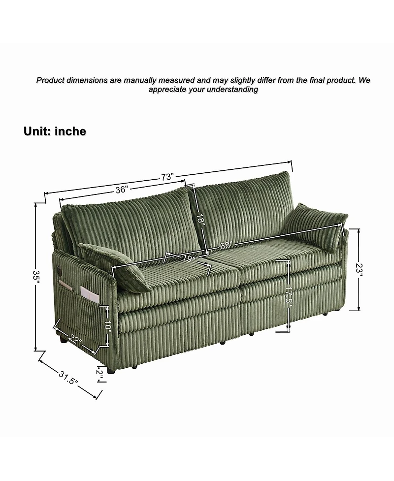 Streamdale Furniture 73" Convertible Sofa Bed with Side Pocket & Usb Ports, Modern Corduroy Couch