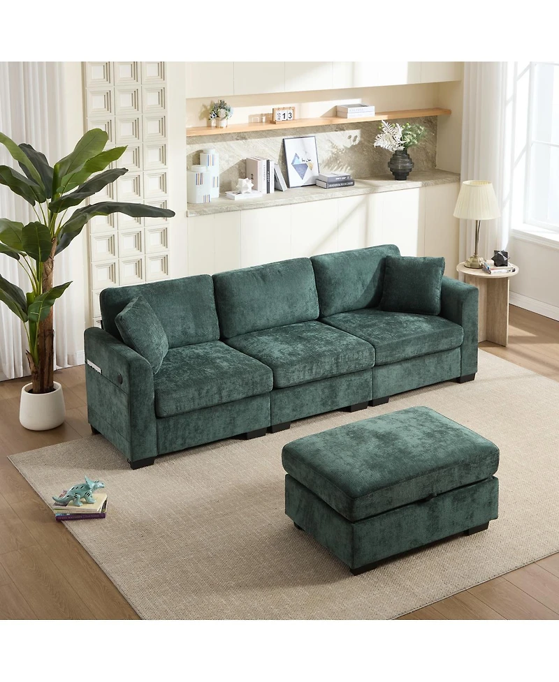 Streamdale Furniture Modern Storage Sofa with Dual Usb, 2 Side Pockets, Ottoman Storage Bench