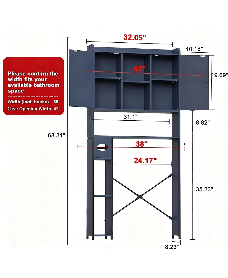 Yigii Metal Frame Over Toilet Cabinet with 7 Shelves & Hooks for Farmhouse Style