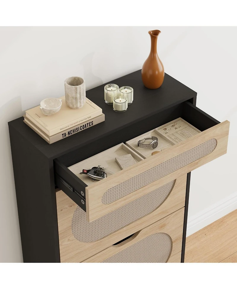 gaomon Rattan Shoe Cabinet with 2 Flip Drawers & 1 Pull Out Drawer – Wooden Shoe Storage Cabinet with Adjustable Shelf & Metal Legs