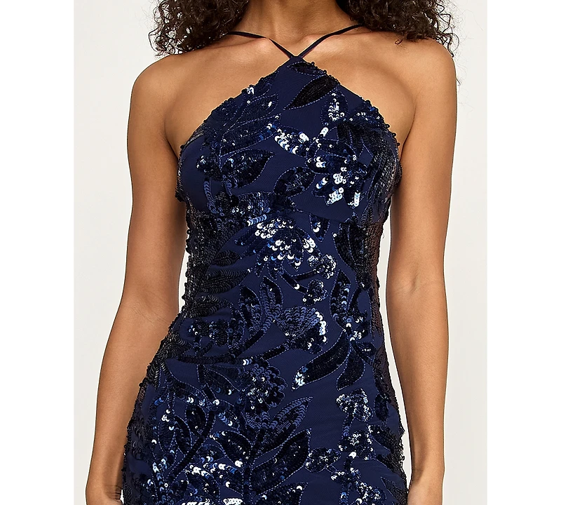 B Darlin Juniors' Halter Neck Floral Sequin Gown