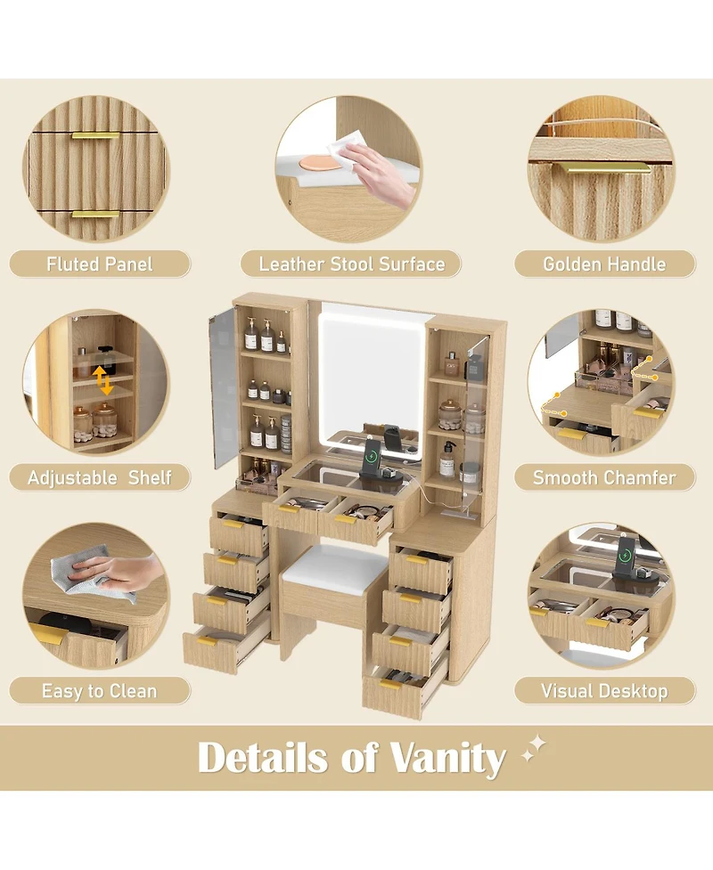 Streamdale Furniture 43.5" Fluted Makeup Vanity Desk with Mirror, Lights, 10 Drawers, 2 Cabinets, Stool