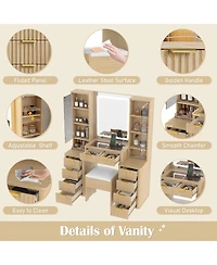 Streamdale Furniture 43.5" Fluted Makeup Vanity Desk with Mirror, Lights, 10 Drawers, 2 Cabinets, Stool