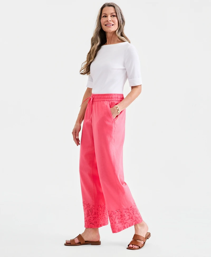 Style & Co Women's Embroidery Linen Blend Pull-On Pants, Macy's Exclusive