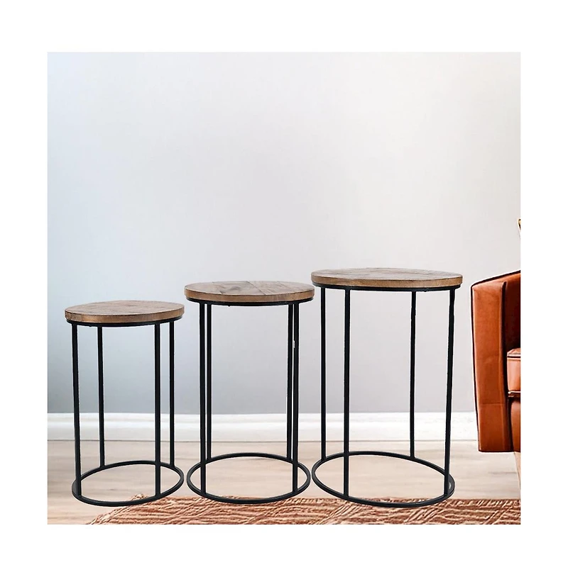 Jofran Warner Round Modern Rustic Solid Wood and Metal Nesting End Tables