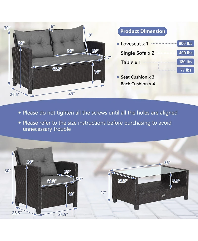 Gymax Set Of 4 Patio Rattan Furniture Set Glass Table Shelf Sofa Cushion