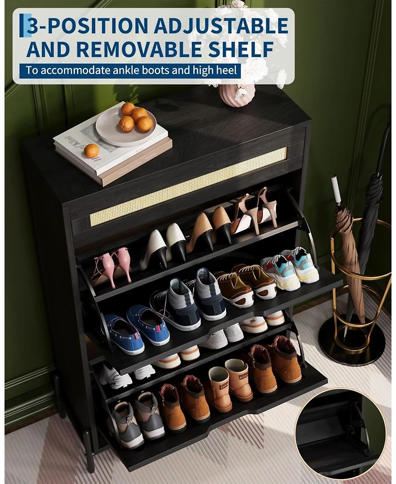 Gaomon Rattan Shoe Cabinet Storage with 2 Flip Drawers & Top Drawer, Freestanding Shoe Organizer Wooden Slim Shoe Rack Storage with Adjustable Shelves