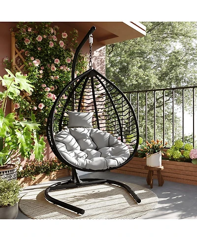 Streamdale Indoor Outdoor Hanging Hammock Chair with Stand, Foldable Rattan Egg Swing Chair