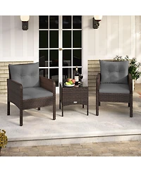 Gymax Set of 3 Outdoor Patio Pe Wicker Furniture w/Cushions & Tempered Glass Coffee Table