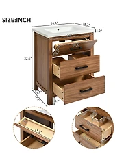 Sillysis 24" Walnut Bathroom Vanity with Ceramic Sink, Modern Freestanding Cabinet with 3 Drawers, Mdf Wood for Small Spaces