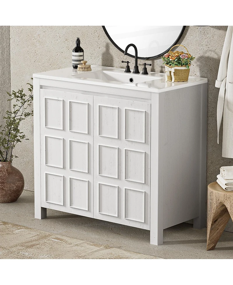 Sillysis 36" Retro Bathroom Vanity with Ceramic Sink, Solid Wood Frame and Soft Close Doors, Spacious Storage Cabinet for Modern Bathrooms.