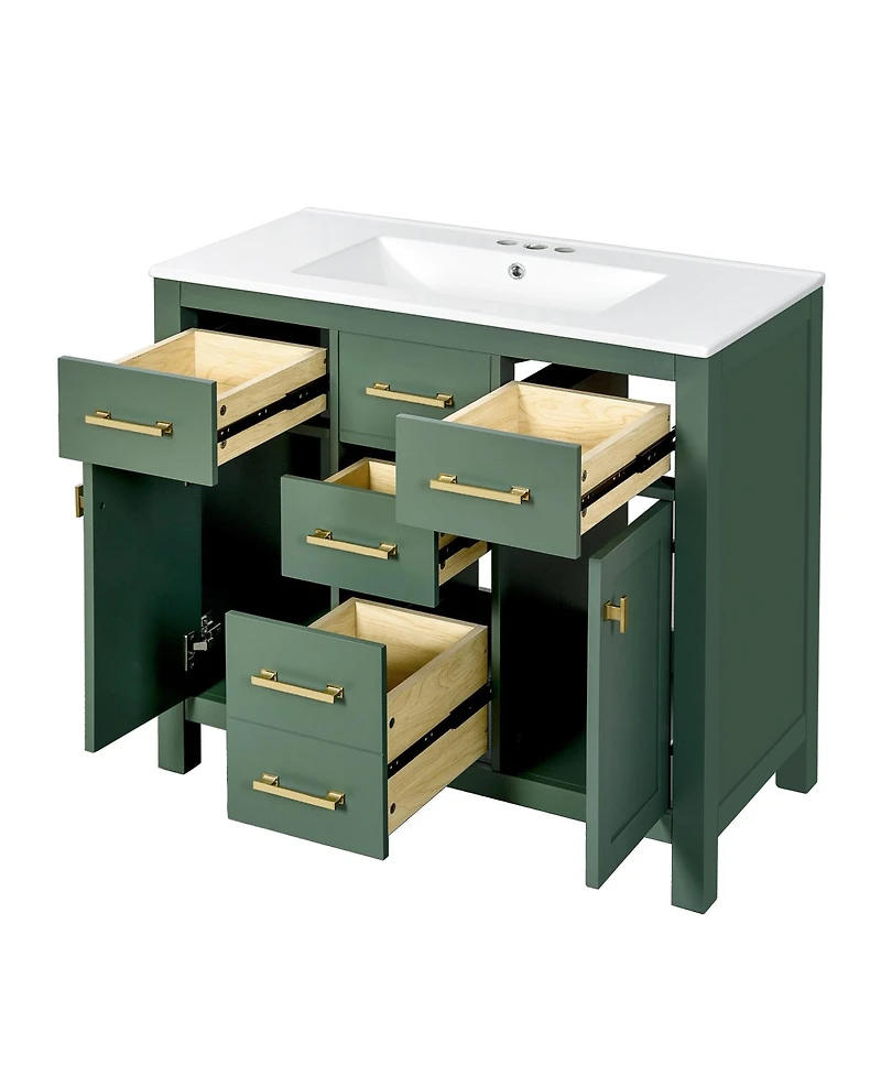 Sillysis 36" Modern Solid Wood Bathroom Vanity with Ceramic Sink, 4 Drawers & 2 Soft Close Doors Freestanding Cabinet