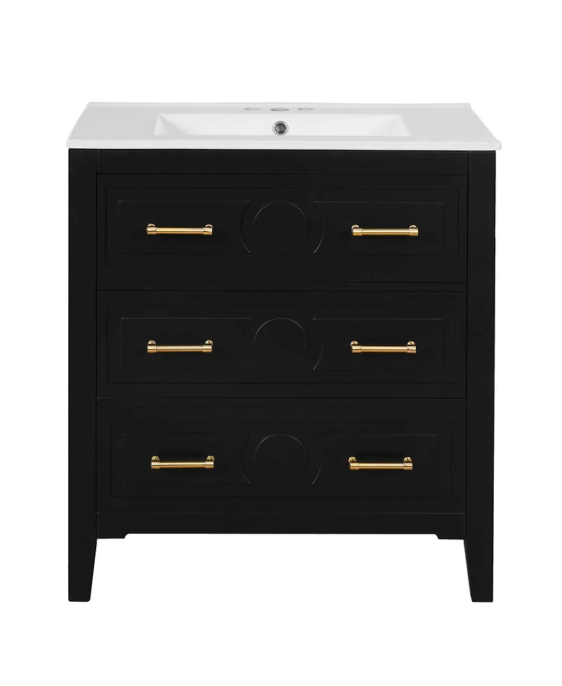 Sillysis 30" Bathroom Vanity with Ceramic Sink, Retro Solid Wood Cabinet & 3 Drawer Storage for Small Spaces