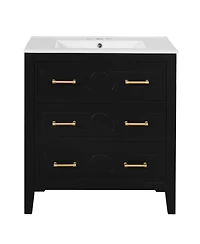 Sillysis 30" Bathroom Vanity with Ceramic Sink, Retro Solid Wood Cabinet & 3 Drawer Storage for Small Spaces