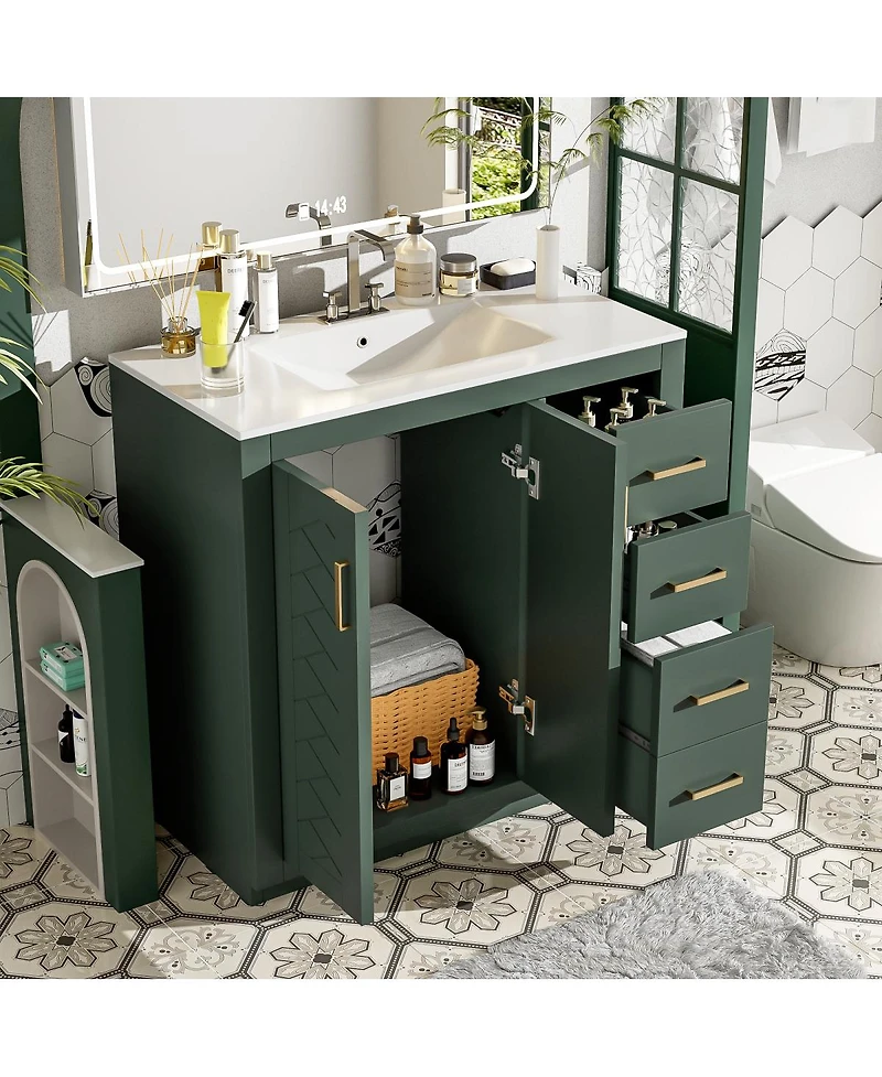 Sillysis 36" Bathroom Vanity with Ceramic Sink, Modern Solid Wood Cabinet & Ample Storage Drawers for Small Spaces