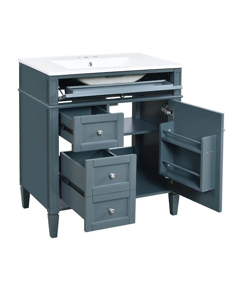 Sillysis Bathroom Vanity with Ceramic Sink, Solid Wood Cabinet, Ample Storage Drawers Adjustable Shelf for Small
